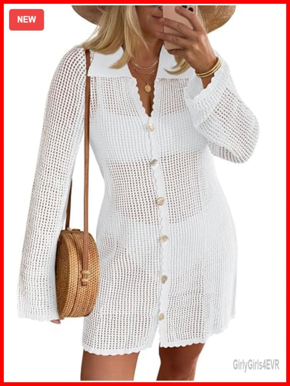 Crochet Swimsuit Coverup Button Down Long Sleeve Cardigan Mini Dress Beach